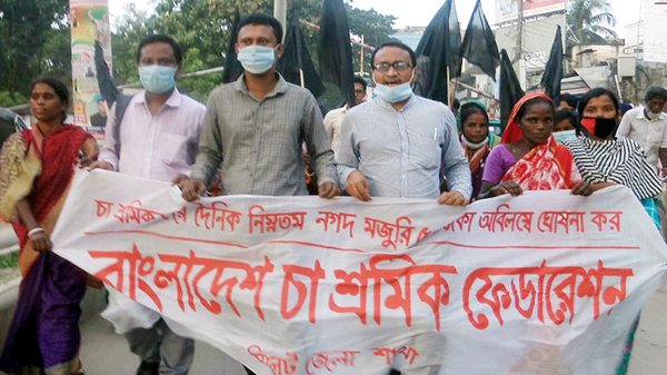 ১২০টাকা মজুরি চুক্তি প্রত্যাখান করে চা শ্রমিক ফেডারেশনের কালো পতাকা মিছিল